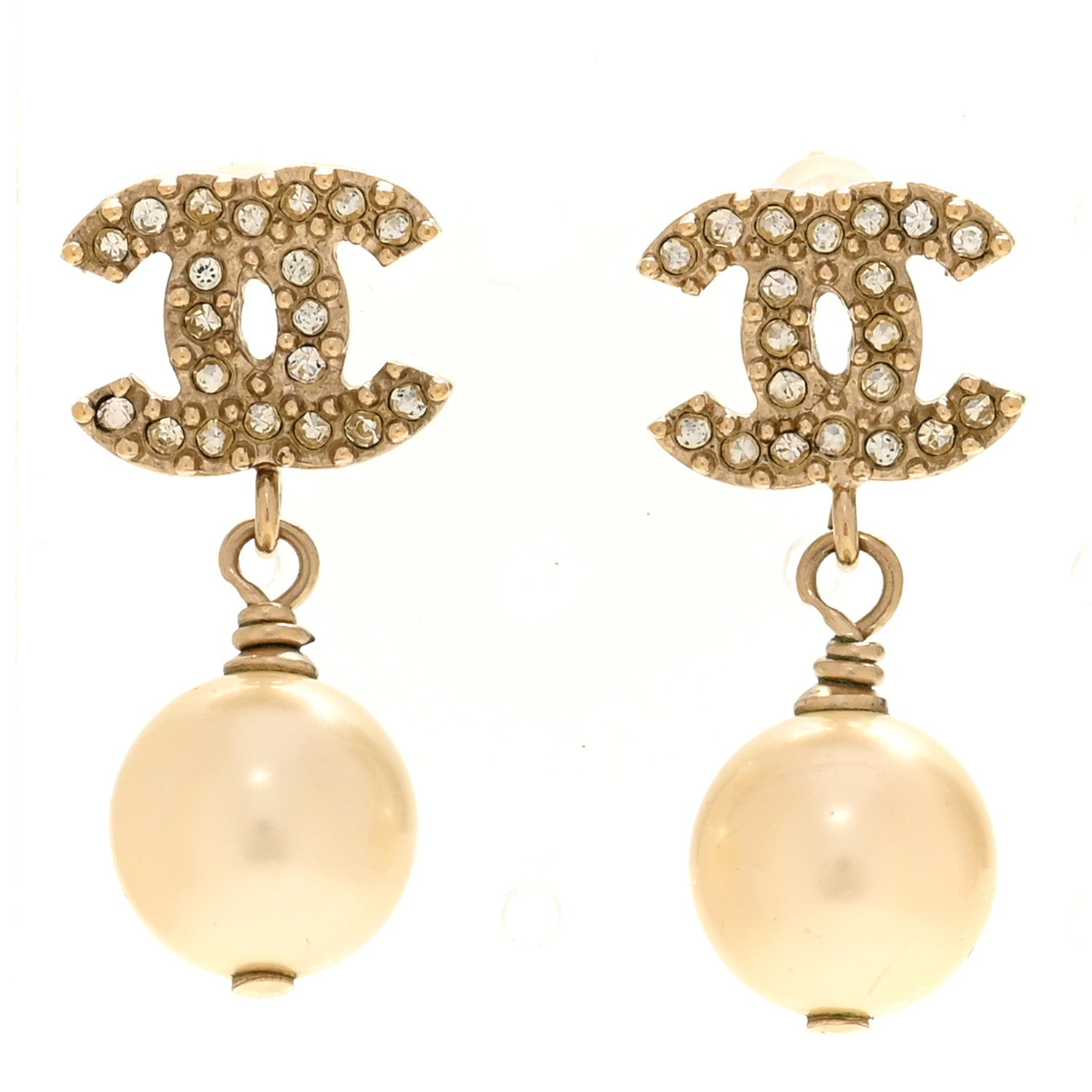 Chanel Crystal Pearl CC Drop Earrings Gold 1 of 5
