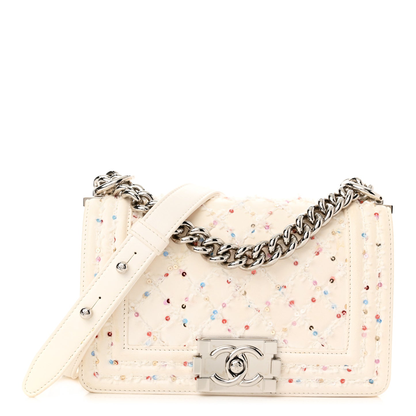 Lambskin Sequin Embroidered Small Boy Flap White Multicolor