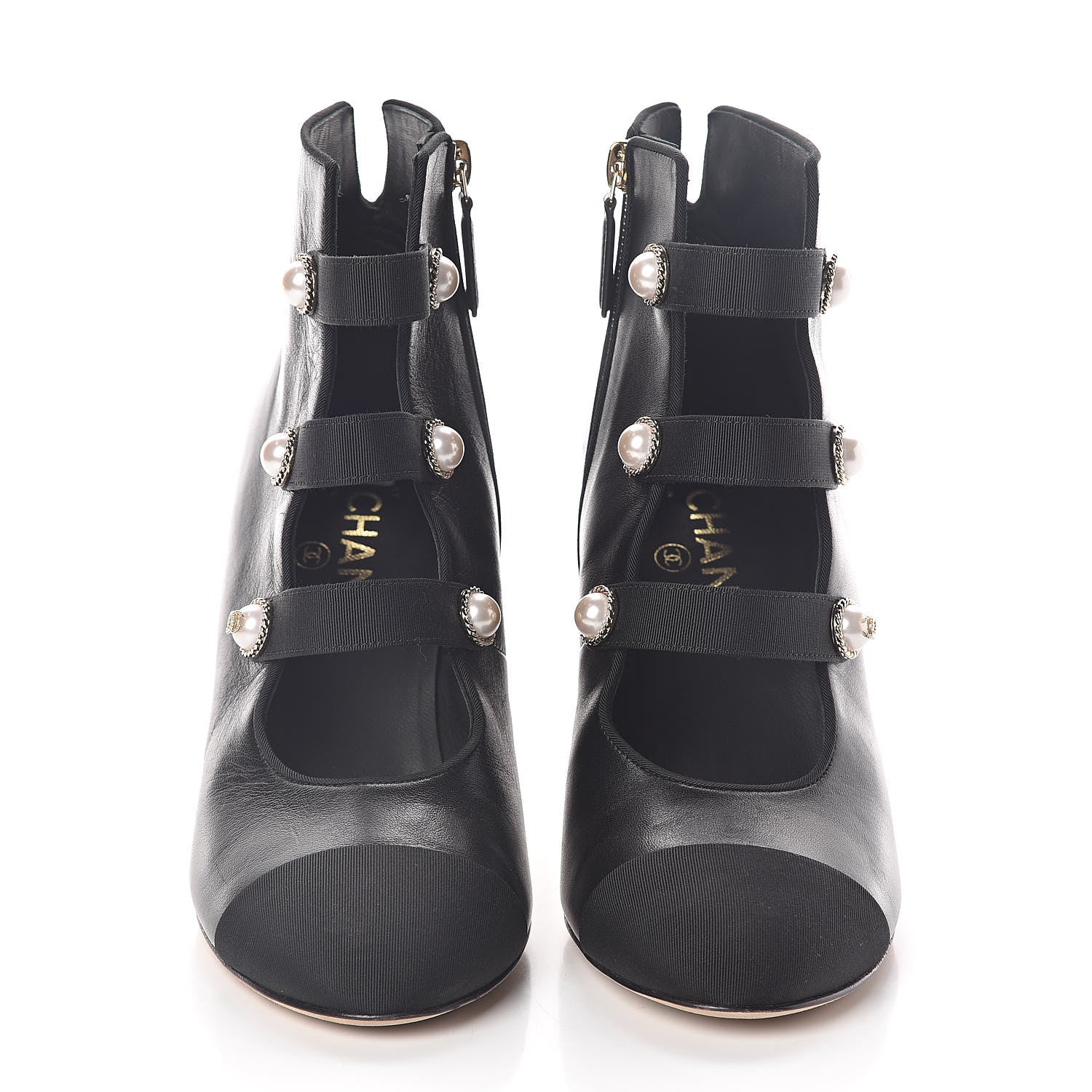 Chanel Lambskin Grosgrain Cap Toe Pearl Ankle Boots 38.5 Black 2 of 7