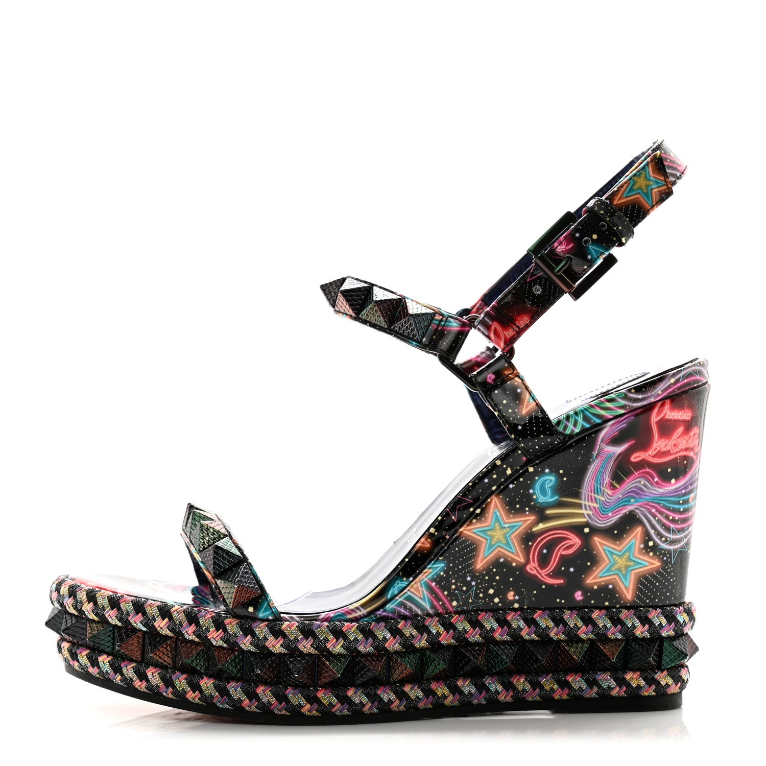 Christian Louboutin Patent Calfskin Lin By The Night Pyraclou 110 Wedge Sandals 38 Black Multicolor 1 of 9