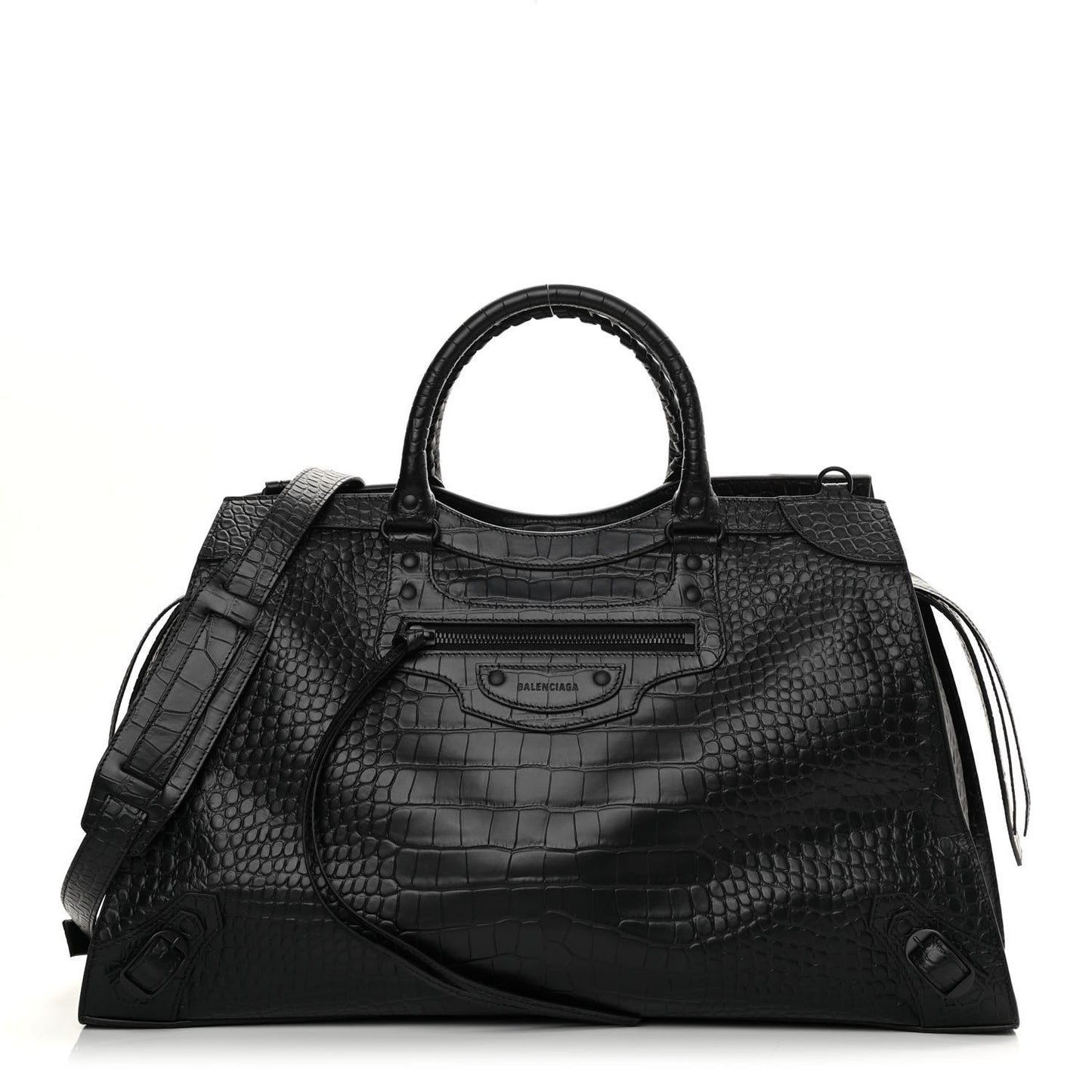 Semi Matte Calfskin Crocodile Embossed Neo Classic Black Hardware Large City Black