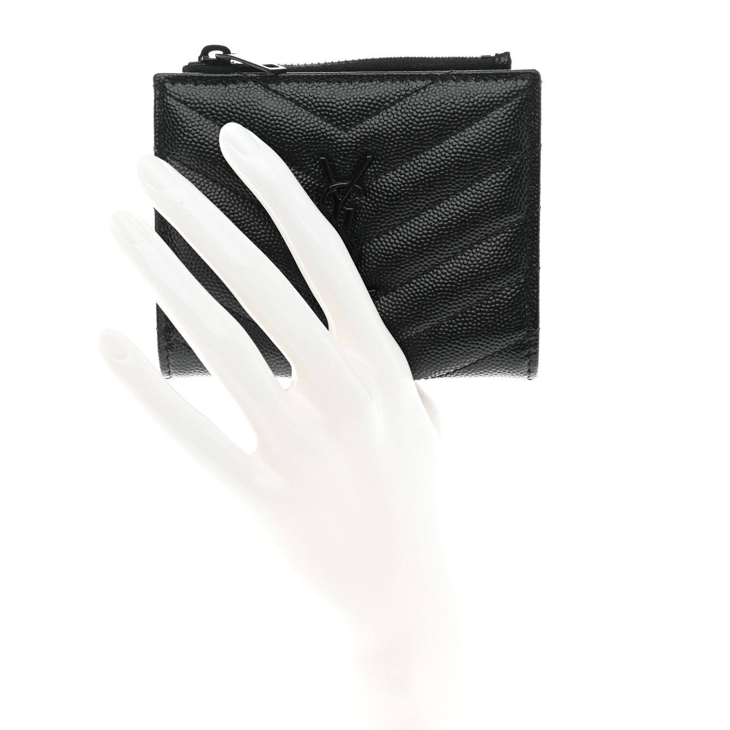 Saint Laurent Grain De Poudre Matelasse Chevron Monogram Zipped Card Case Black 2 of 7
