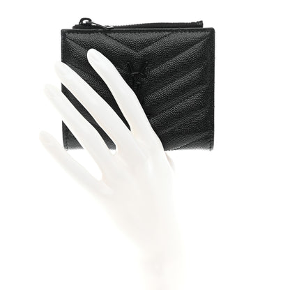 Saint Laurent Grain De Poudre Matelasse Chevron Monogram Zipped Card Case Black 2 of 7