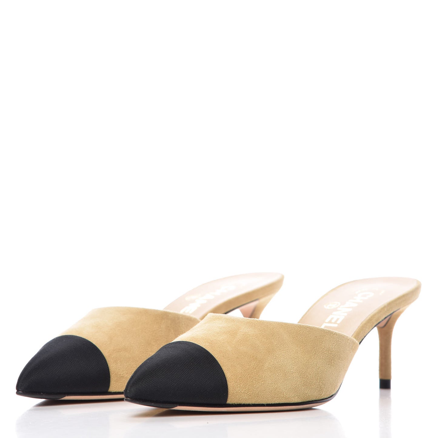Suede Grosgrain Cap Toe CC Mules 38 Beige Black