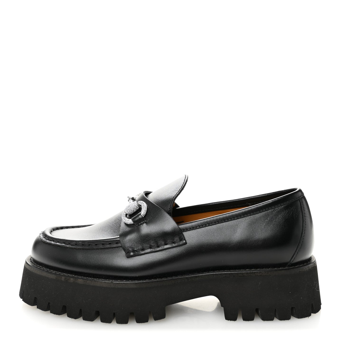 Calfskin Crystal Womens Horsebit Platform Lug Sole Loafers 37.5 Black