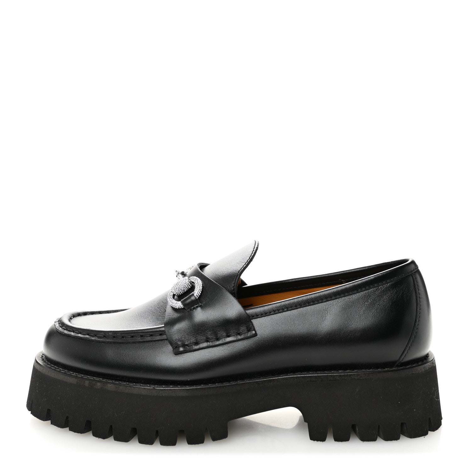 Gucci Calfskin Crystal Womens Horsebit Platform Lug Sole Loafers 37.5 Black 1 of 10