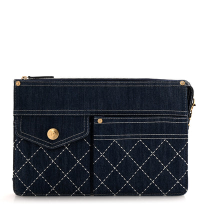 Chanel Denim Quilted Zipped Pouch Blue 1 of 10