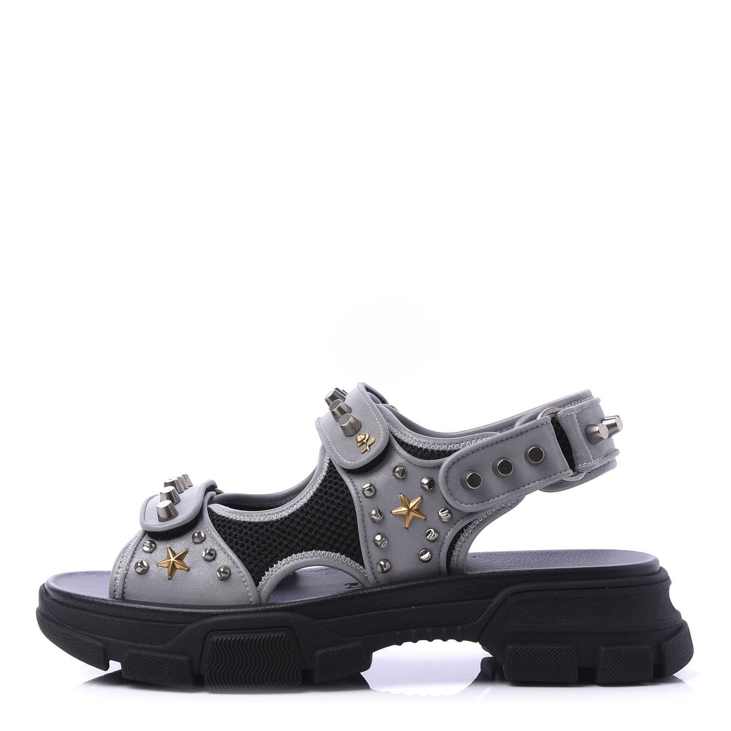 Gucci Technical Canvas Calfskin Reflective Studded Mens Aguru Sandals 10 Silver Black 1 of 8