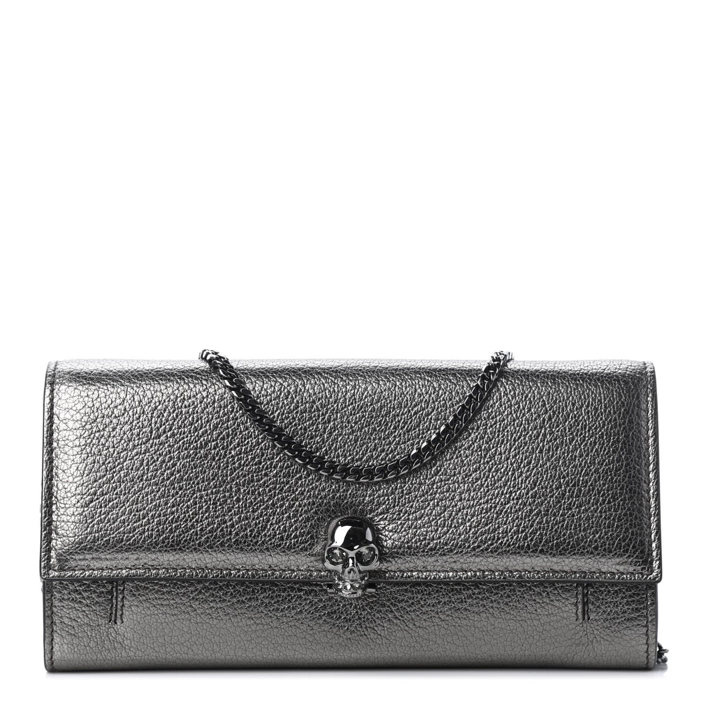 Metallic Calfskin Skull Wallet on Chain Black Pearl