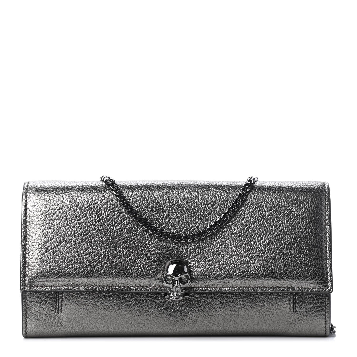 Alexander McQueen Metallic Calfskin Skull Wallet on Chain Black Pearl 1 of 8