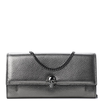 Alexander McQueen Metallic Calfskin Skull Wallet on Chain Black Pearl 1 of 8