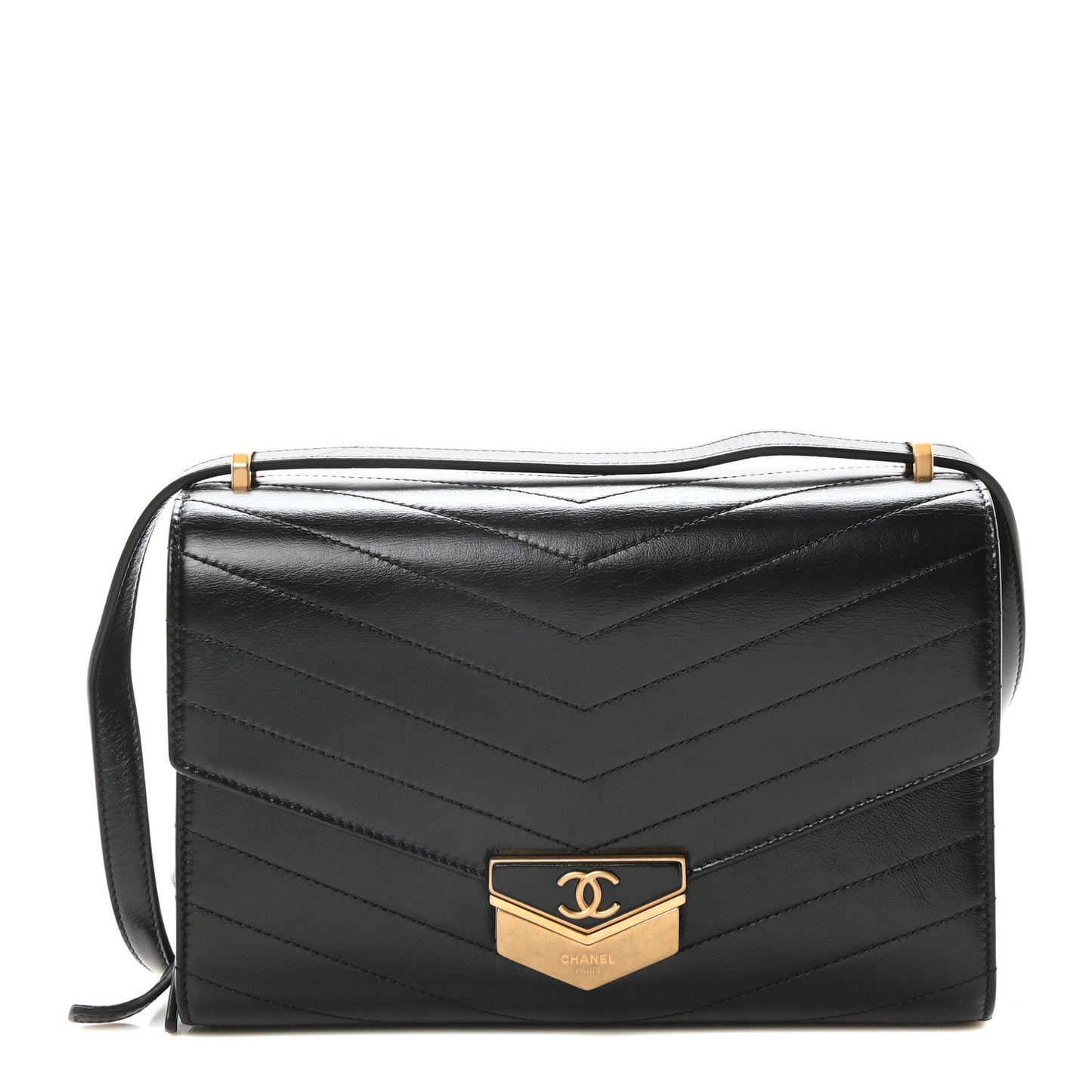Calfskin Chevron Quilted Medal Flap Black