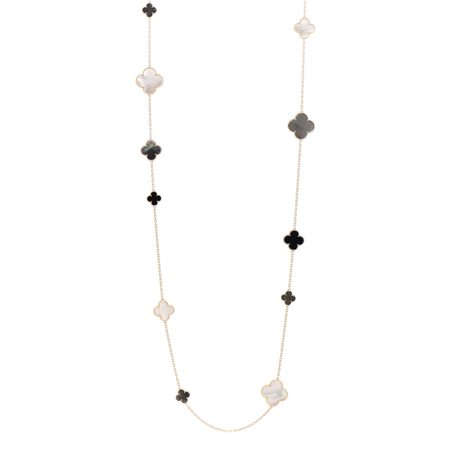 Van Cleef & Arpels 18K Yellow Gold Onyx Mother of Pearl 16 Motifs Magic Alhambra Necklace 1 of 4