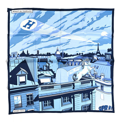 Hermes Silk Minuit Au Faubourg Scarf 70 Marine Ciel White 1 of 5