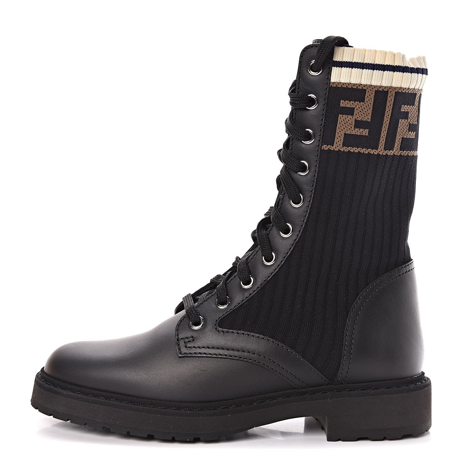 Fendi Calfskin Stretch Fabric Rockoko Biker Boots 36 Tobacco Black Marino 1 of 8