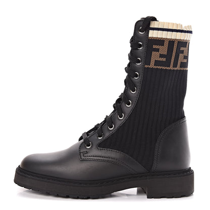 Fendi Calfskin Stretch Fabric Rockoko Biker Boots 36 Tobacco Black Marino 1 of 8