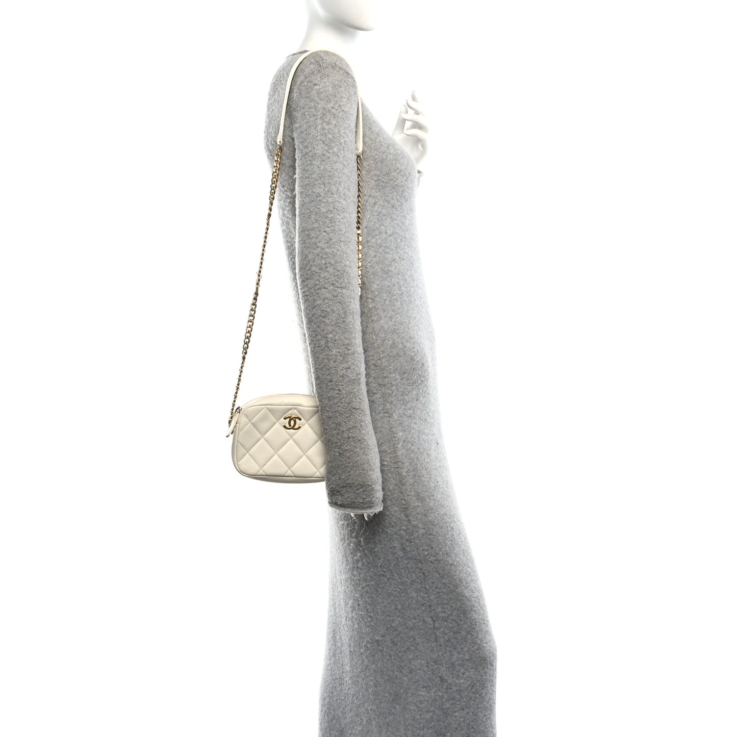 Shiny Caviar Quilted Chain Melody Camera Bag White