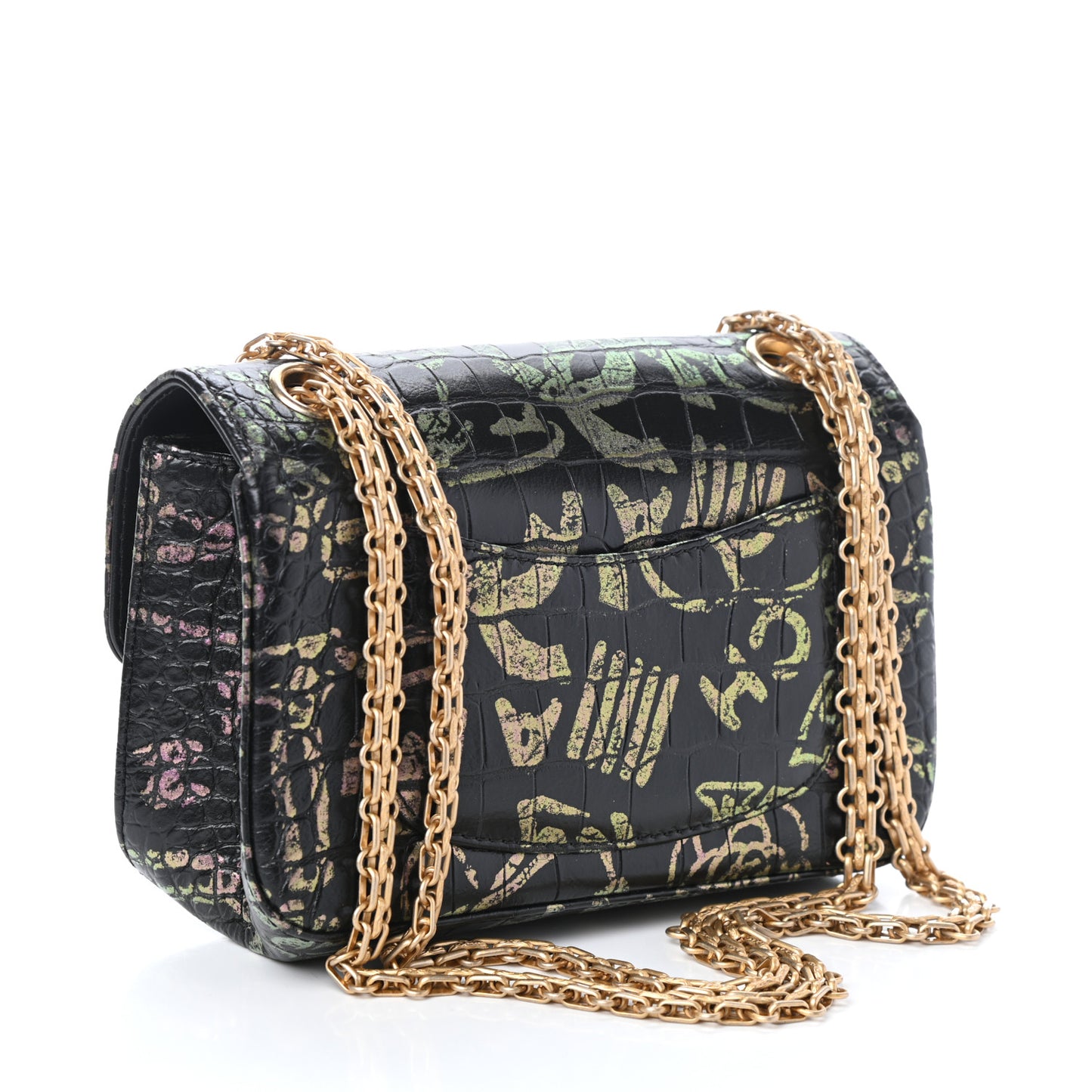 Calfskin Crocodile Embossed Graffiti 2.55 Mini Cocodile Reissue Flap Black Pink