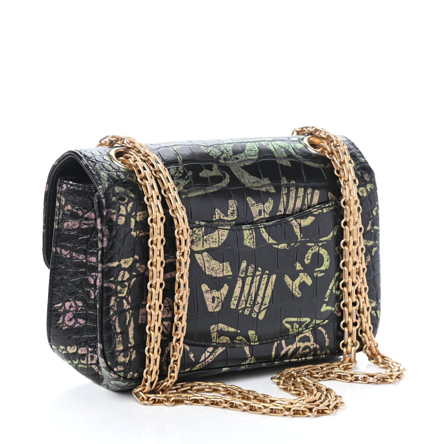 Chanel Calfskin Crocodile Embossed Graffiti 2.55 Mini Cocodile Reissue Flap Black Pink 3 of 10