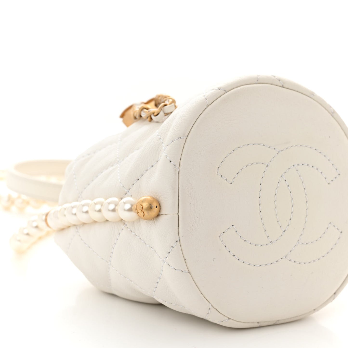 Calfskin Quilted Pearl Mini About Pearls Drawstring Bucket Bag White