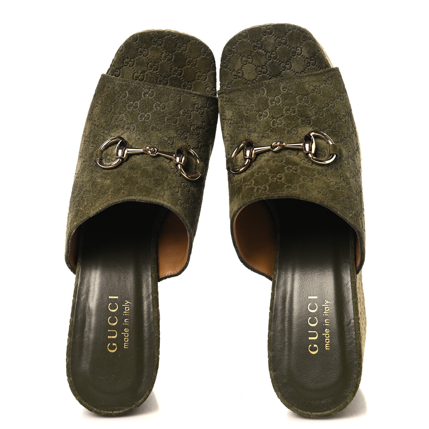 Gucci Suede GG Debossed Horsebit Wedge Sandals 39.5 Forest Green 2 of 10