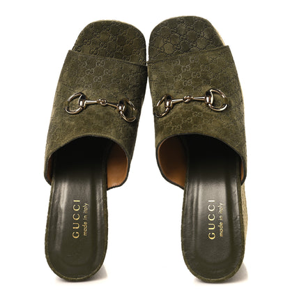 Gucci Suede GG Debossed Horsebit Wedge Sandals 39.5 Forest Green 2 of 10
