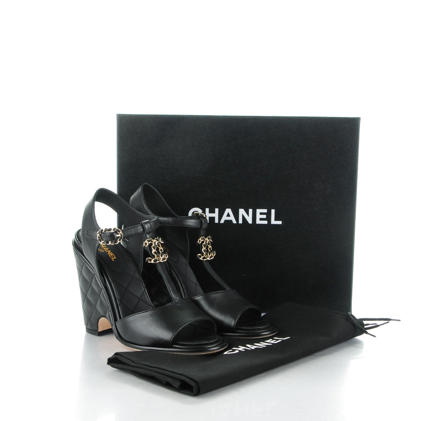 Lambskin Quilted Chain CC Wedge Sandals 39 Black