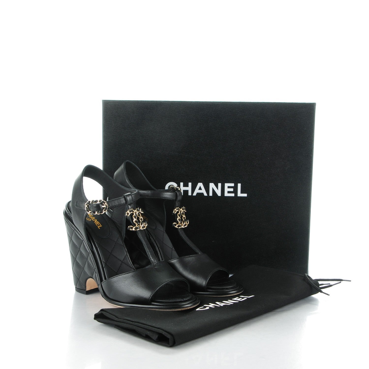 Chanel Lambskin Quilted Chain CC Wedge Sandals 39 Black 8 of 8