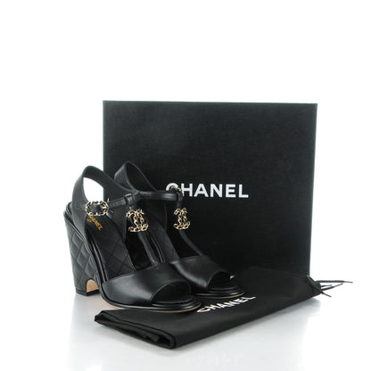 Chanel Lambskin Quilted Chain CC Wedge Sandals 39 Black 8 of 8