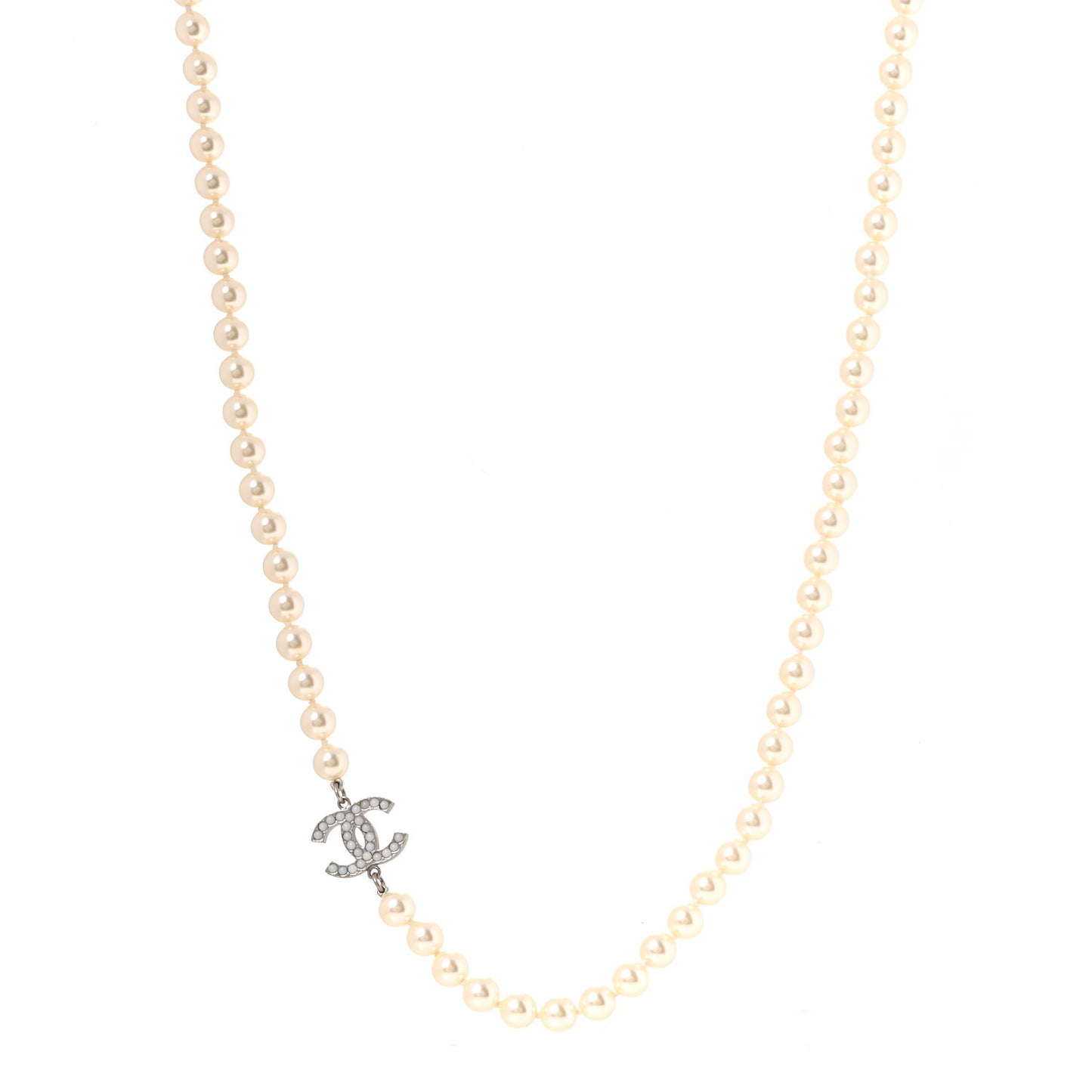 Graduated Pearl CC Long Necklace Silver