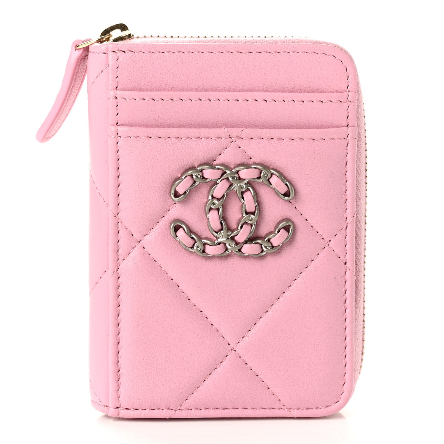 Chanel Lambskin Quilted Chanel 19 Vertical Zip Card Holder Wallet Pink 1 of 8