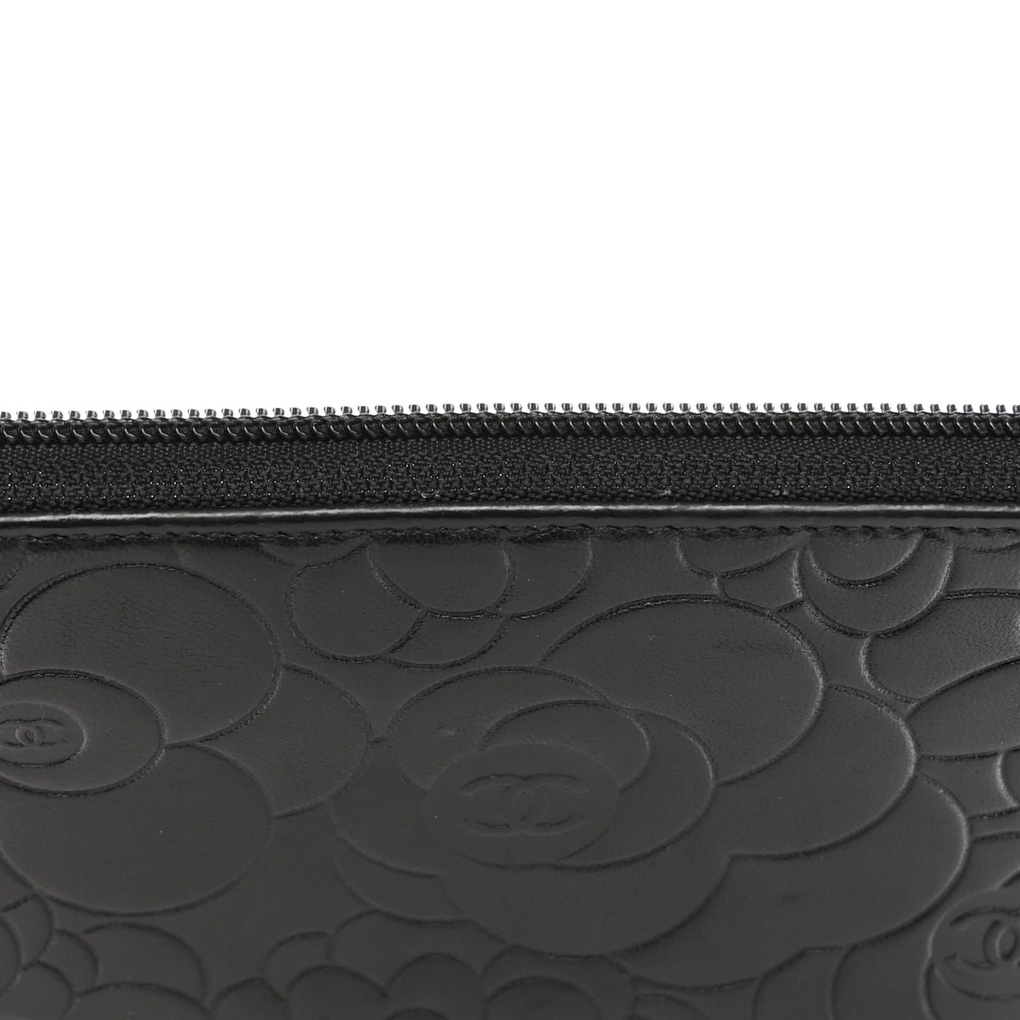 Lambskin Camellia Embossed Zip Around Organizer Wallet Black