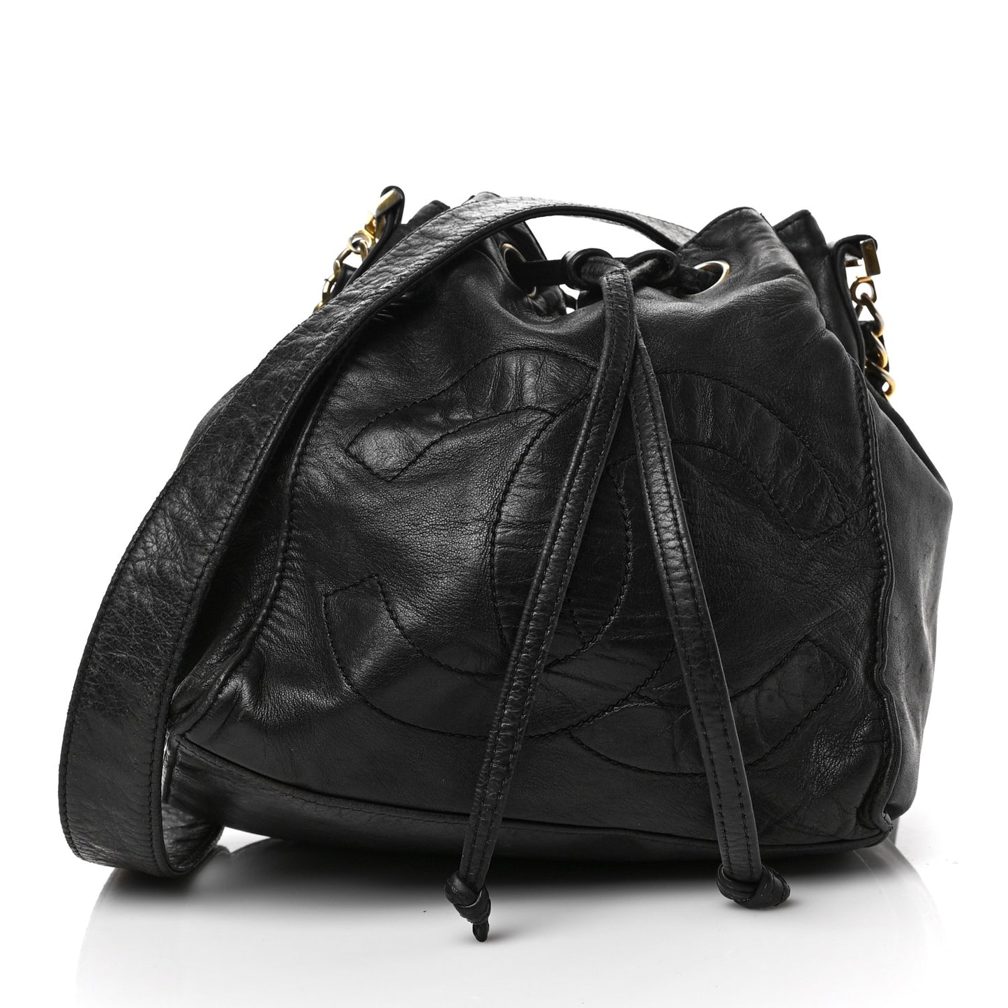 Lambskin CC Stitched Drawstring Bucket Bag Black
