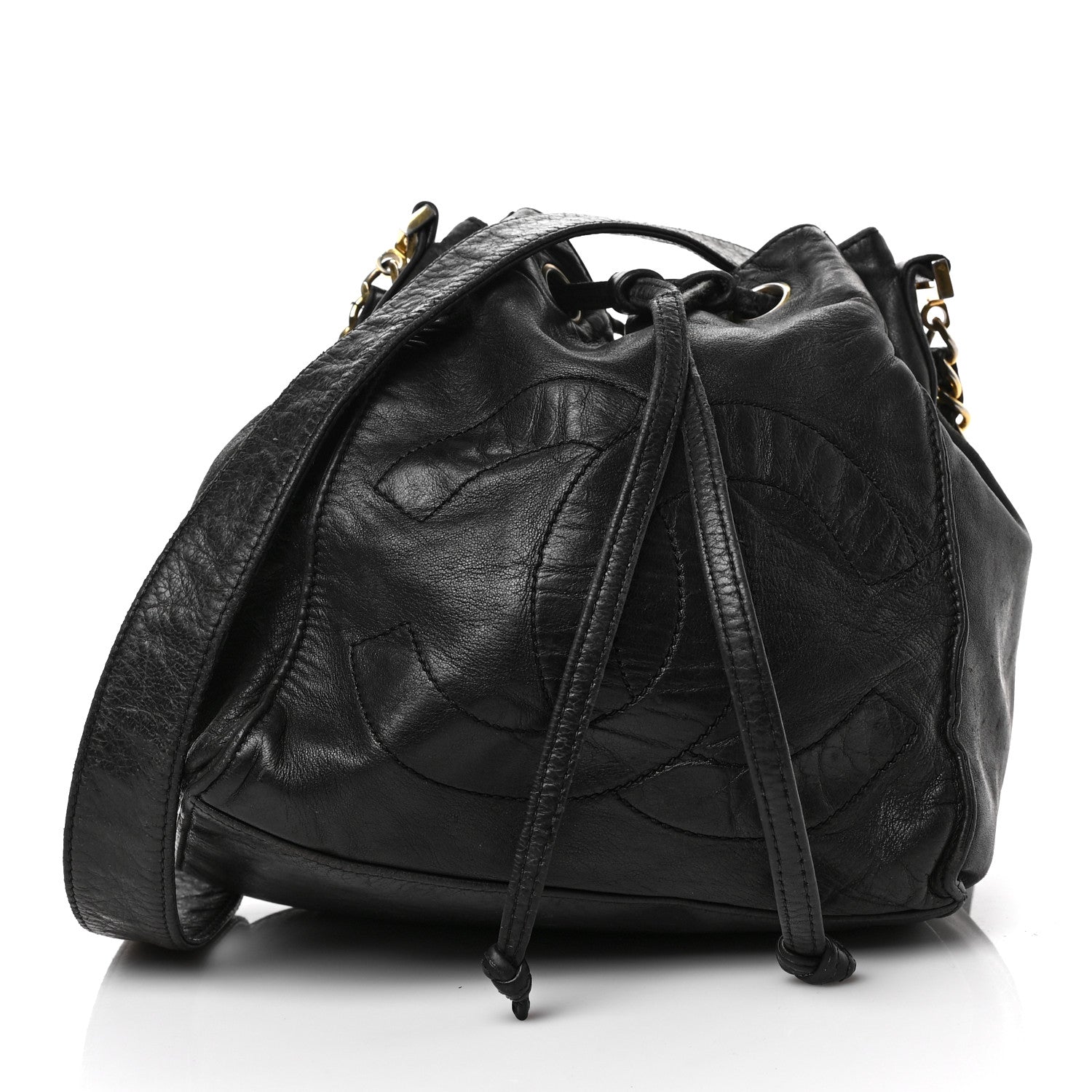 Chanel Lambskin CC Stitched Drawstring Bucket Bag Black 3 of 9