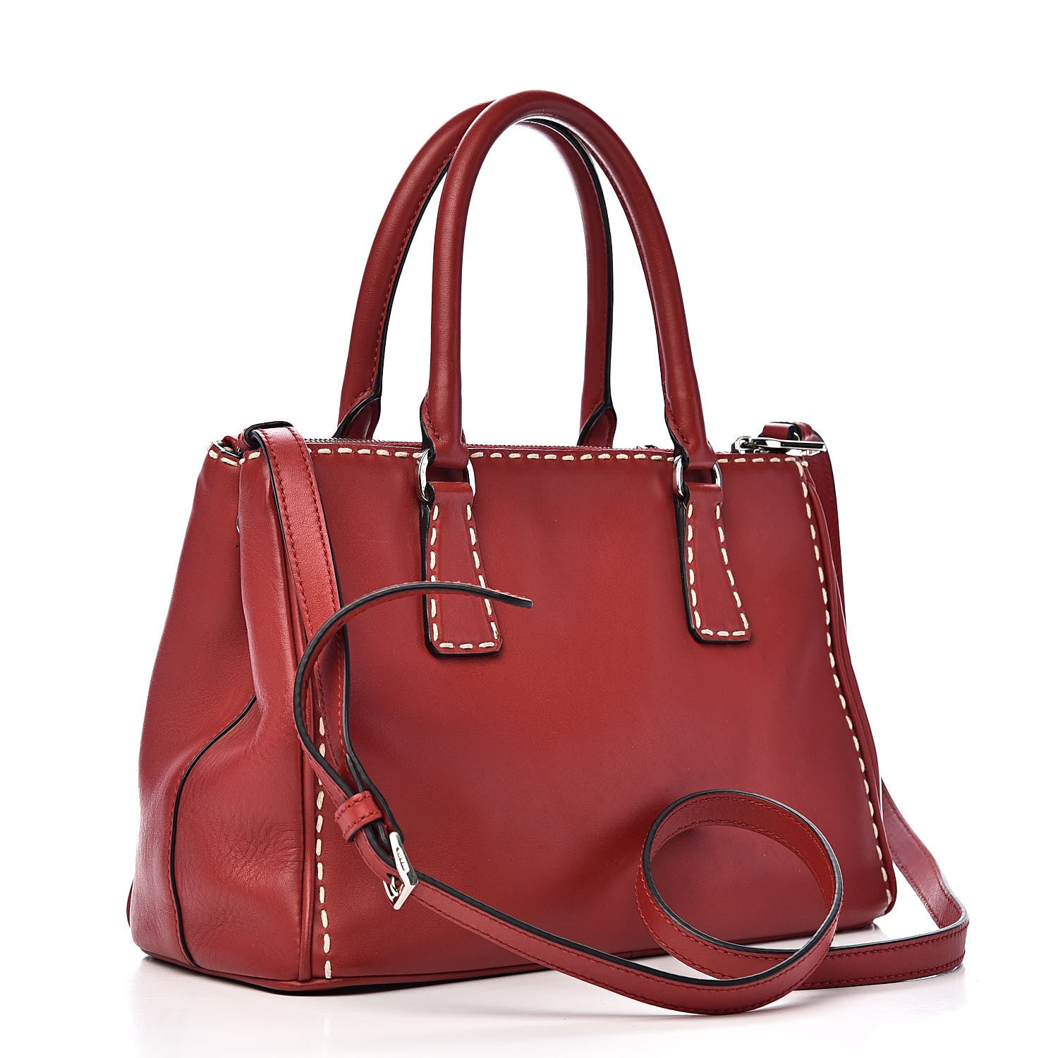 Prada City Calf Small Hand Stitched Galleria Double Zip Tote Fuoco White 3 of 13