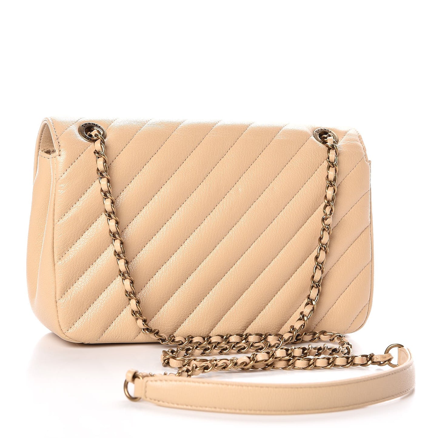 Shiny Goatskin Diagonal Quilted Small Flap Beige