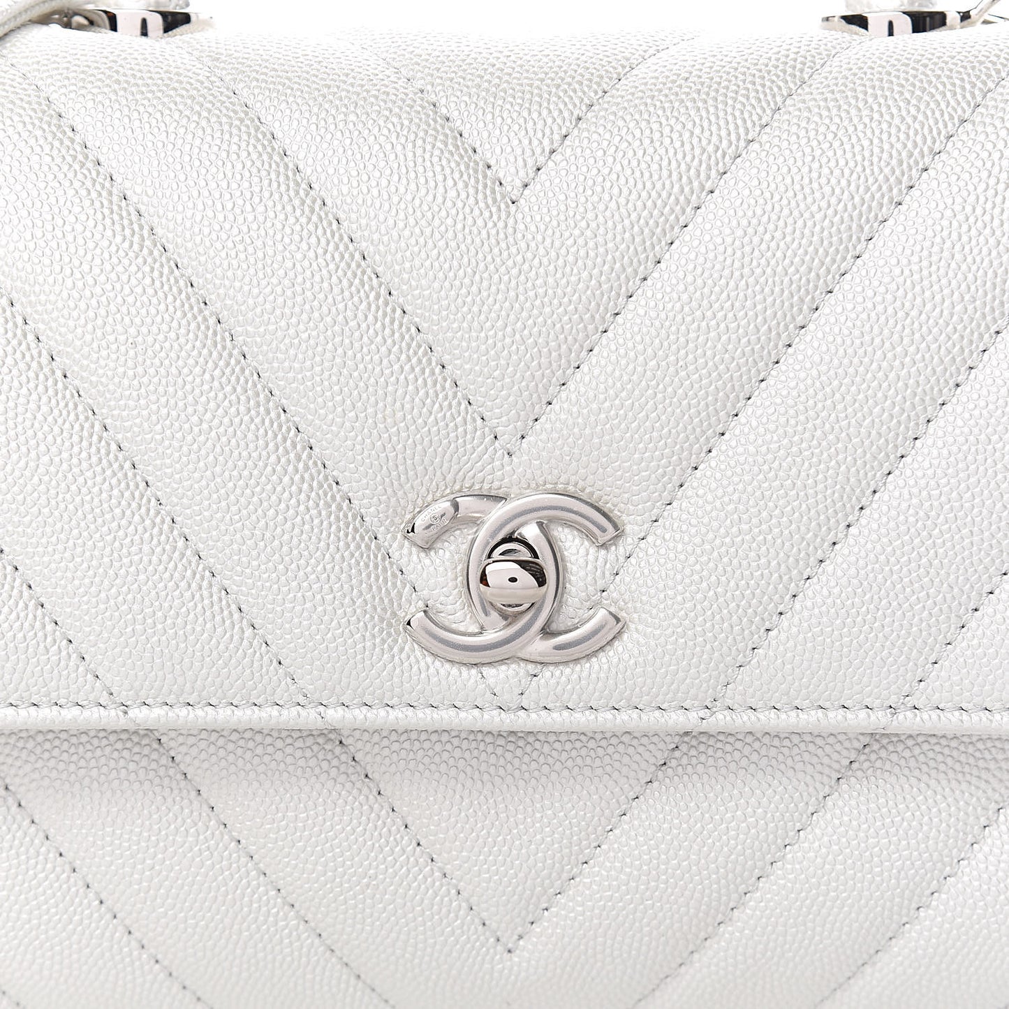 Iridescent Caviar Chevron Quilted Mini Coco Handle Flap White