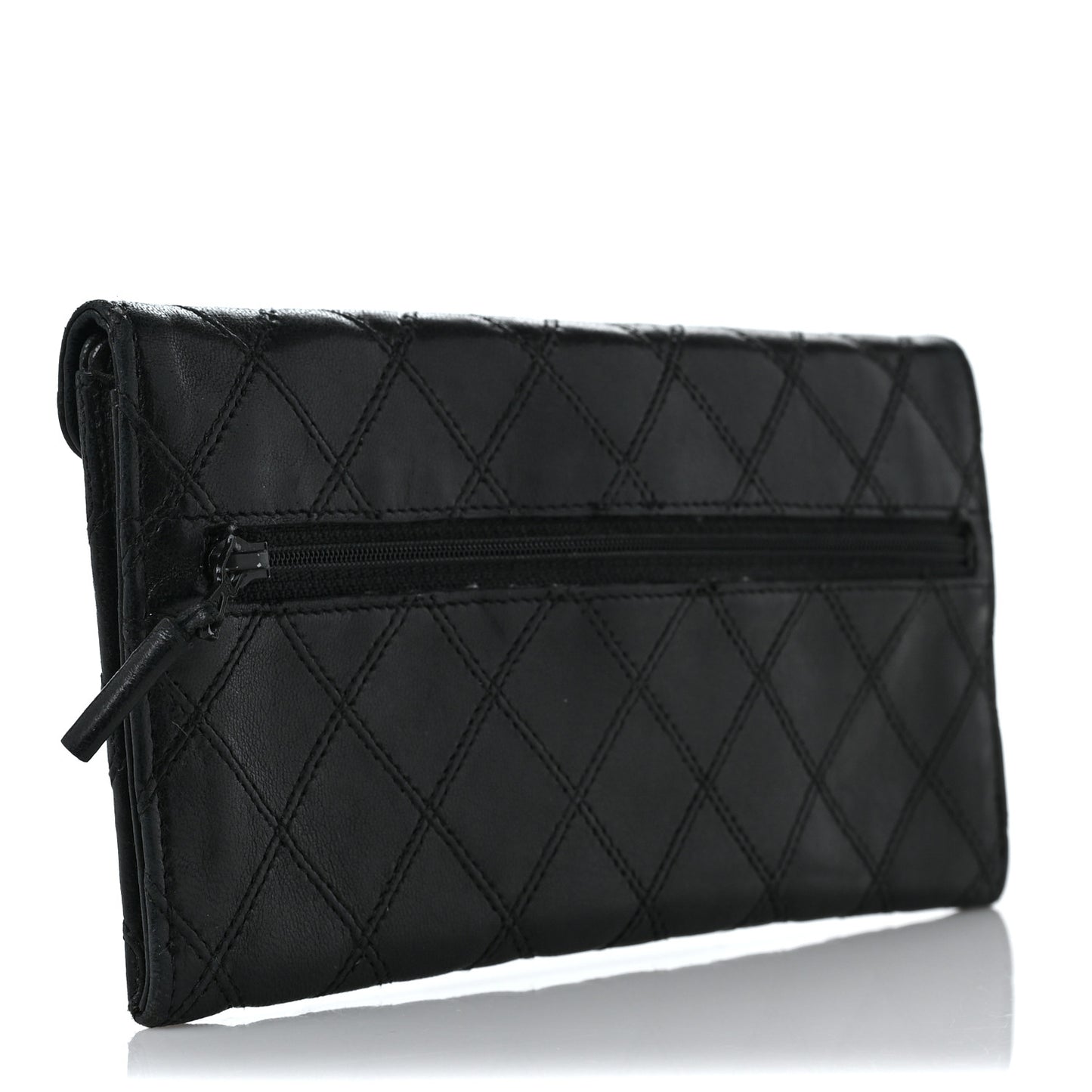Lambskin Diamond Stitched Envelope Long Flap Wallet Black
