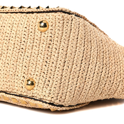 Valentino Garavani Raffia Calfskin Small Rockstud Tote Naturale Saddle Brown 8 of 8