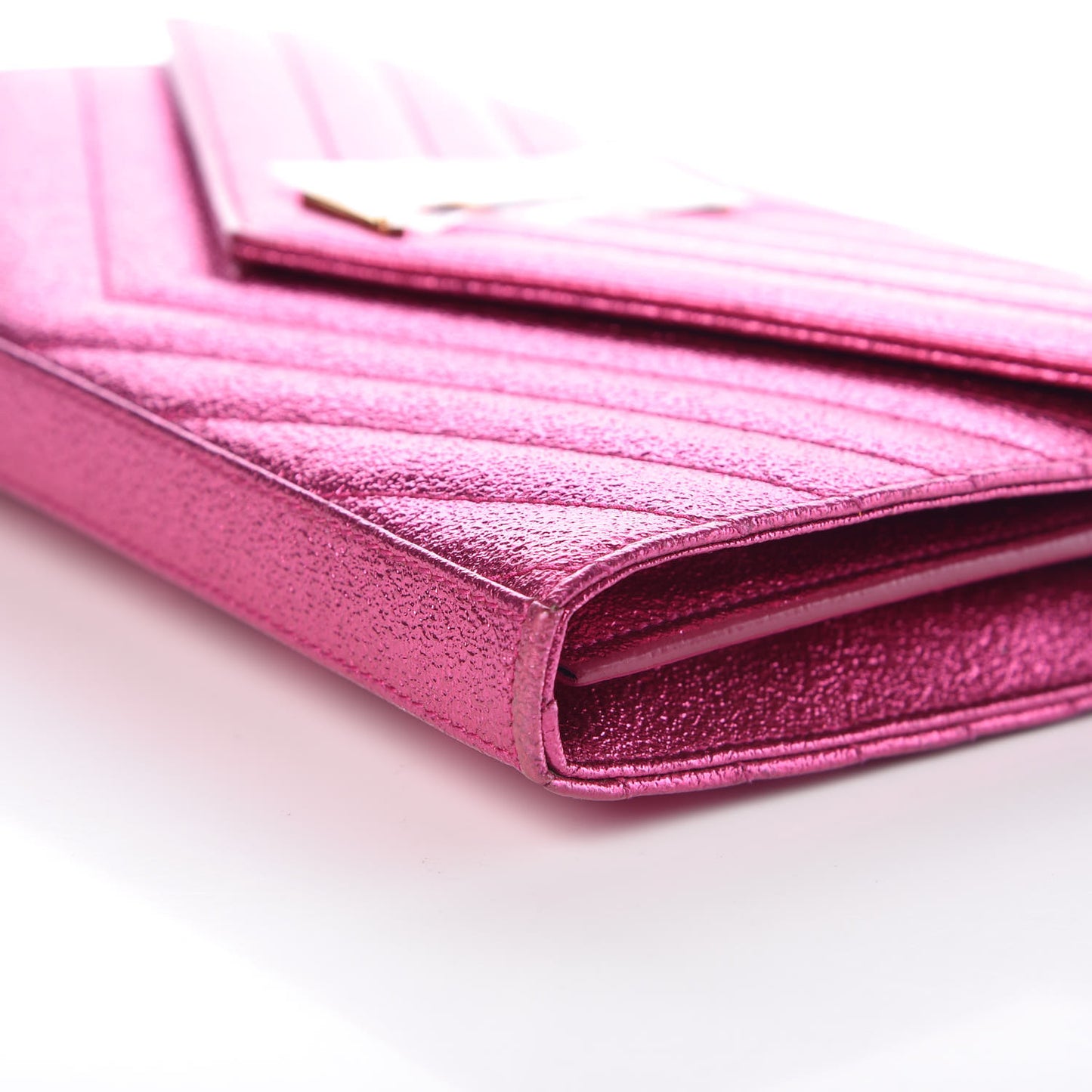 Metallic Crackled Calfskin Matelasse Chevron Monogram Chain Wallet Fuchsia