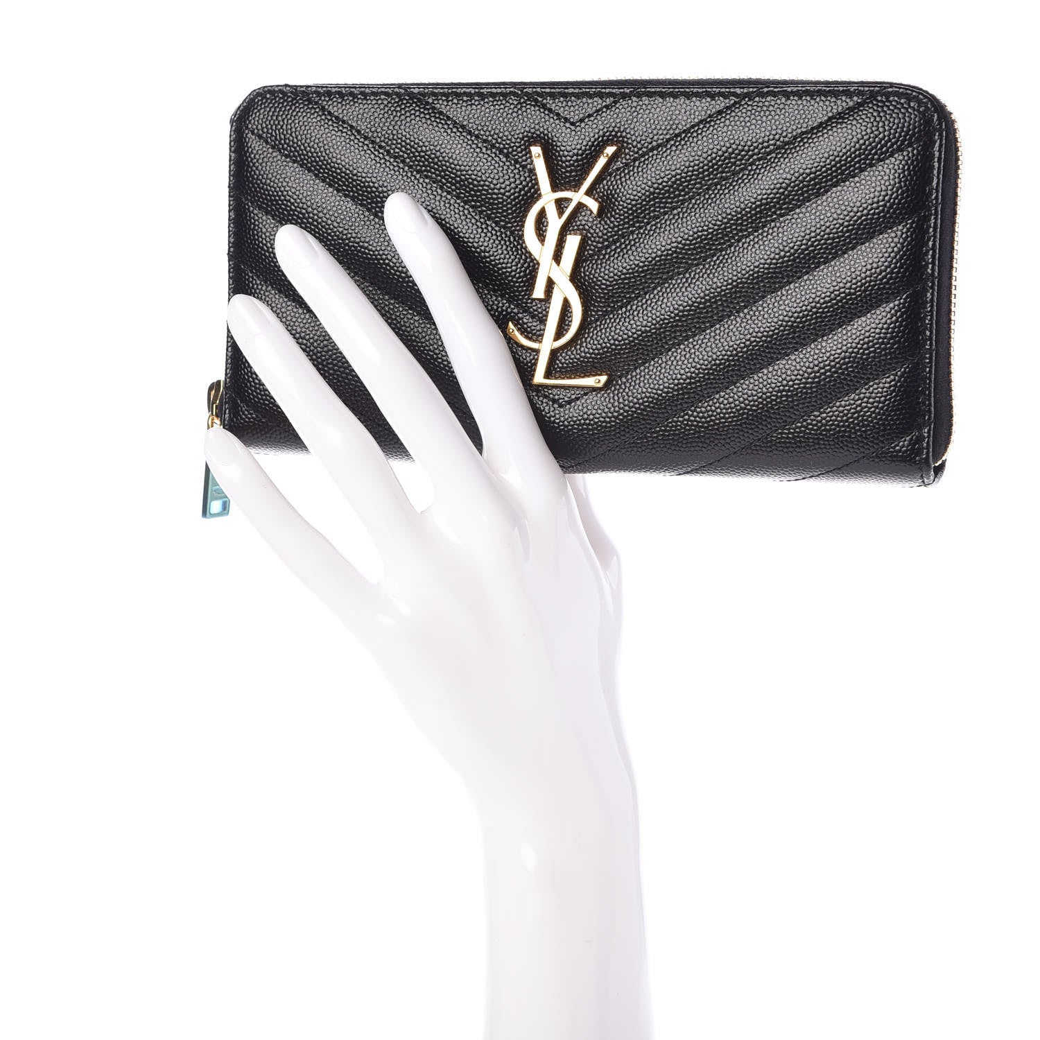 Saint Laurent Grain De Poudre Matelasse Chevron Monogram Zip Around Wallet Black 3 of 7