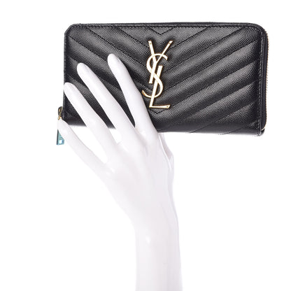 Saint Laurent Grain De Poudre Matelasse Chevron Monogram Zip Around Wallet Black 3 of 7