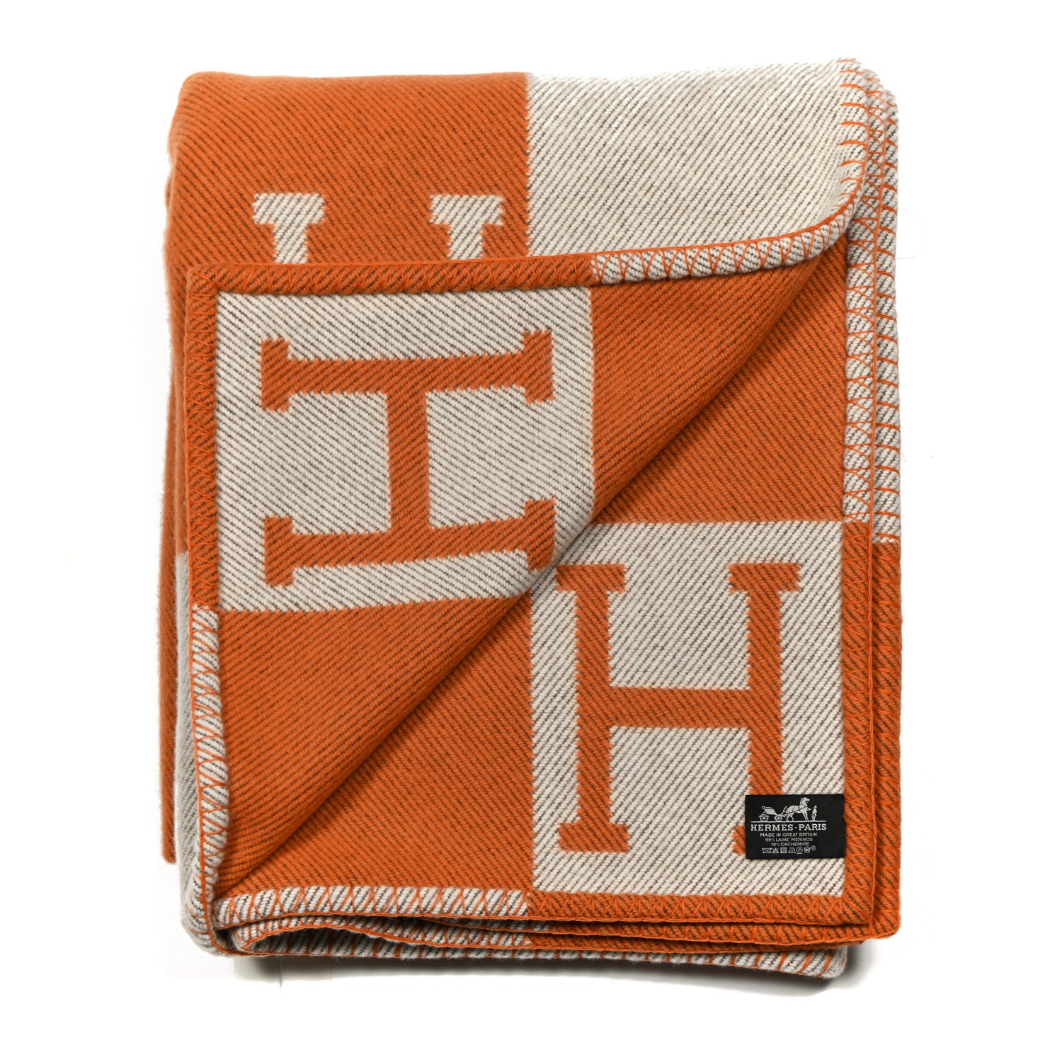 Hermes Wool Cashmere Signature Classic Avalon Blanket Ecru Potiron 2 of 3