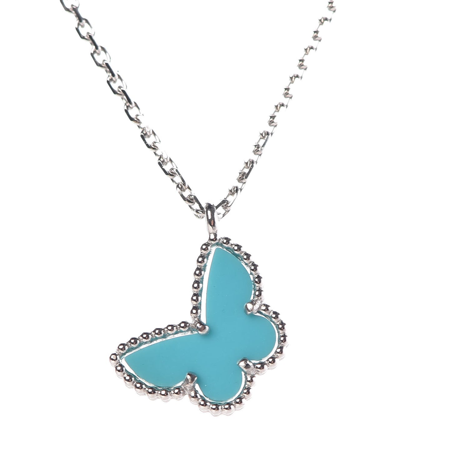 18K White Gold Turquoise Sweet Alhambra Butterfly Pendant Necklace