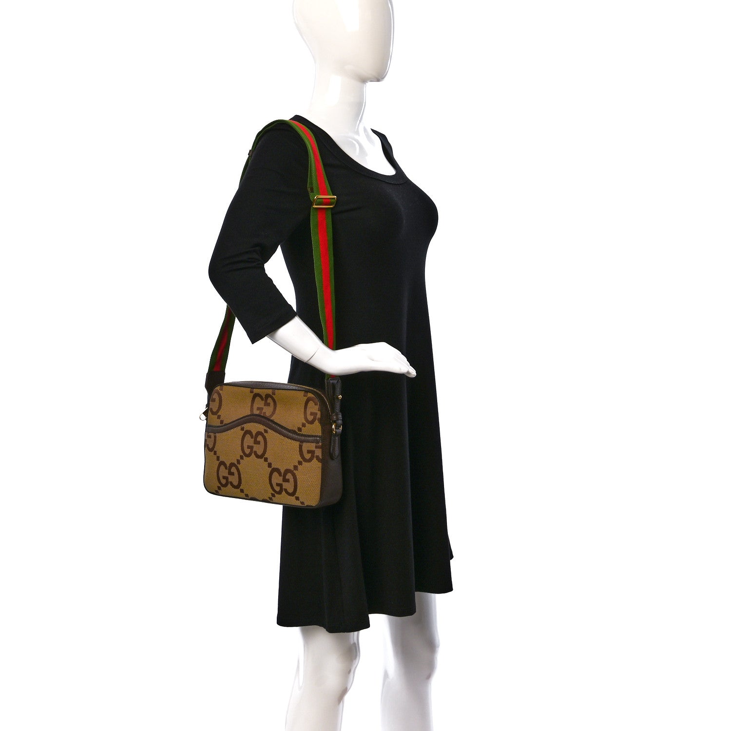 Gucci Monogram Jumbo GG Textured Dollar Calfskin Web Messenger Shoulder Bag Camel Ebony New Acero 2 of 15