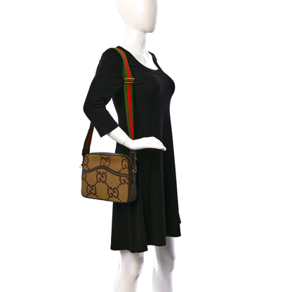 Gucci Monogram Jumbo GG Textured Dollar Calfskin Web Messenger Shoulder Bag Camel Ebony New Acero 2 of 15