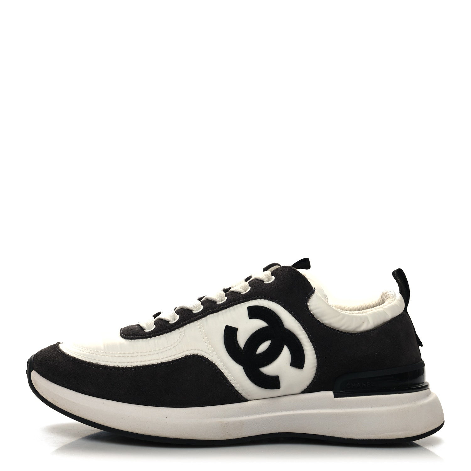 Chanel Nylon Suede Calfskin CC Sneakers 37.5 White Black 1 of 8