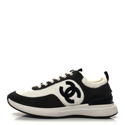 Chanel Nylon Suede Calfskin CC Sneakers 37.5 White Black 1 of 8