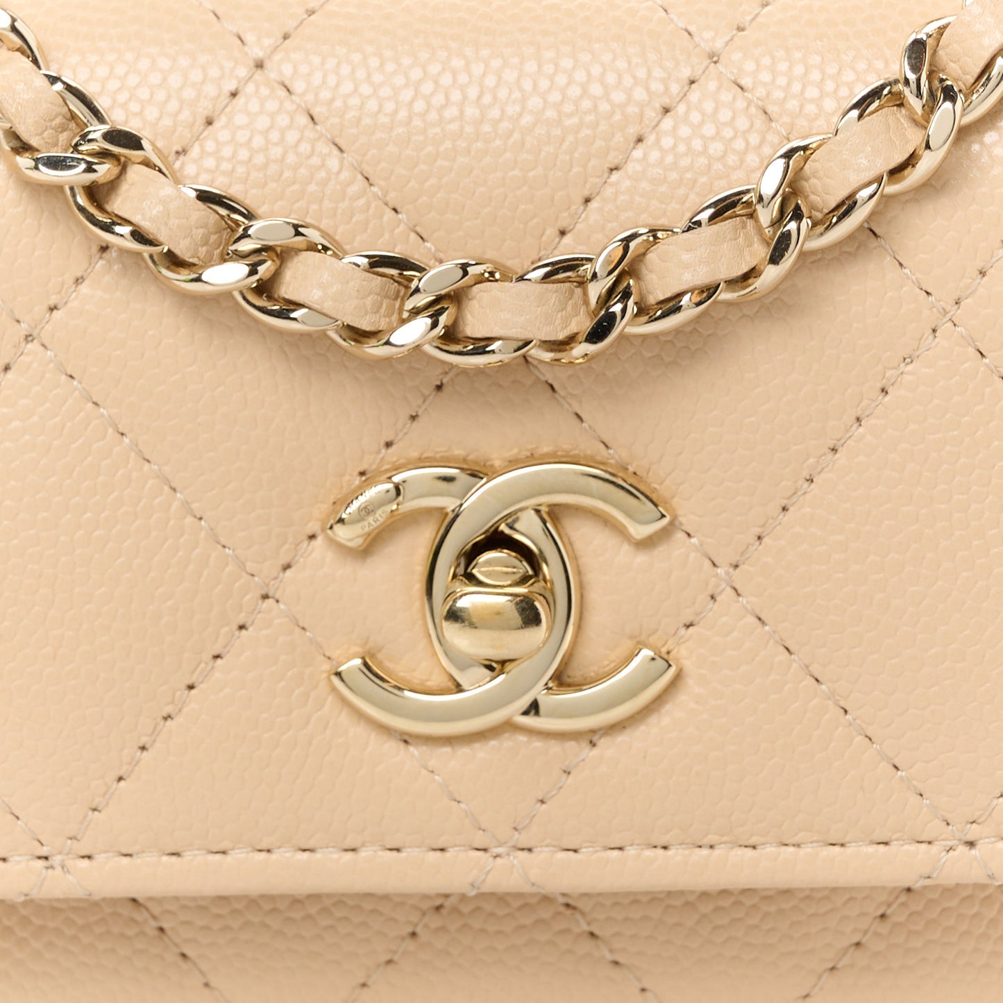 Caviar Quilted Nano Coco Handle Clutch With Chain Beige