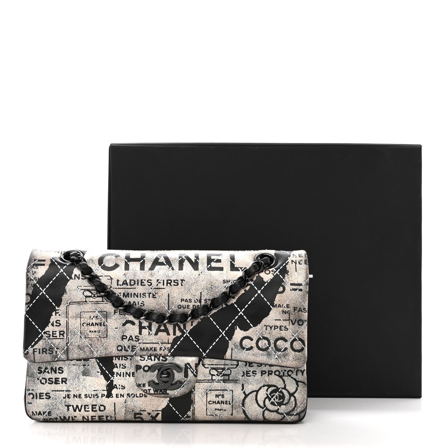 Chanel Metallic Lambskin Painted Feministe Newsprint Medium Double Flap So Black 14 of 14